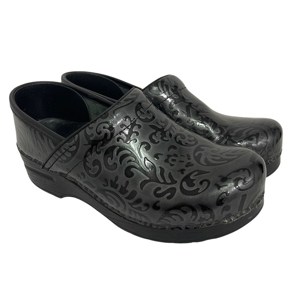 Dansko Shoes - DANSKO Professional Black Metallic Patent Floral Imprinted Tooled Embossed SZ 38